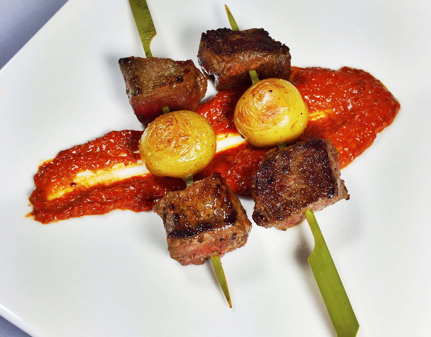 Skewered Sirloin and Potatoes with Pipián Rojo Sauce