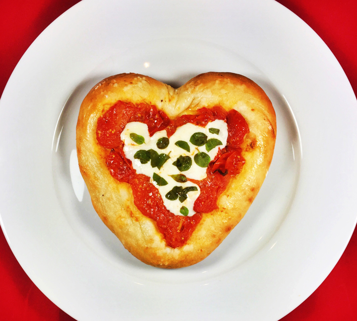 Individual Heart-Shaped Pizza Margherita with Cherry Tomato Sauce