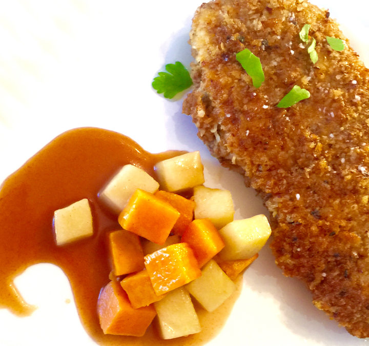 Pecan Parmesan Crusted Chicken Cutlets with Honey Bourbon Sauce