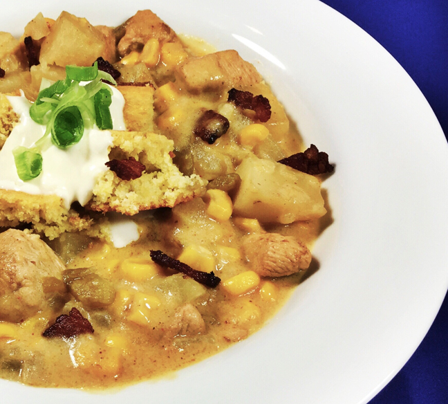 Green Chili Chicken Corn Chowder with Toasted Corn Bread Croutons