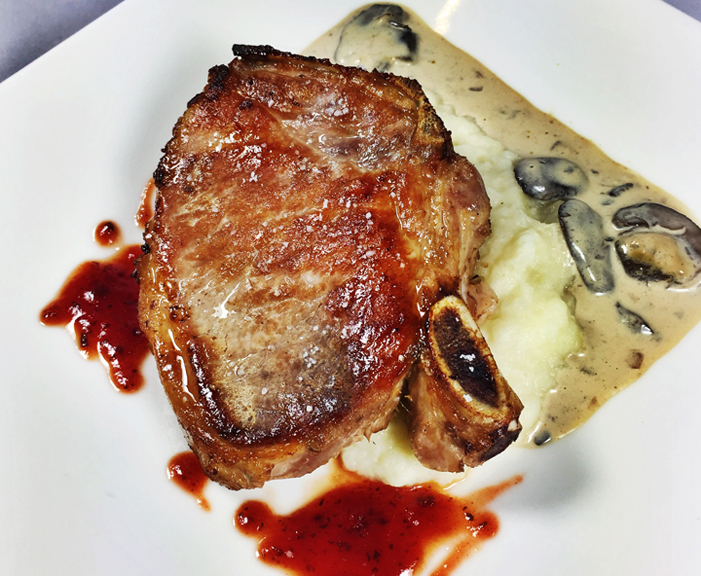 Seared Pork Chops With Mushroom Sauce and Tomato Gastrique