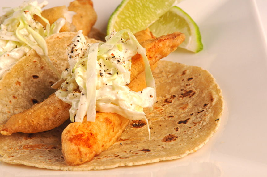 Beer Battered Fish Tacos with Horseradish Slaw