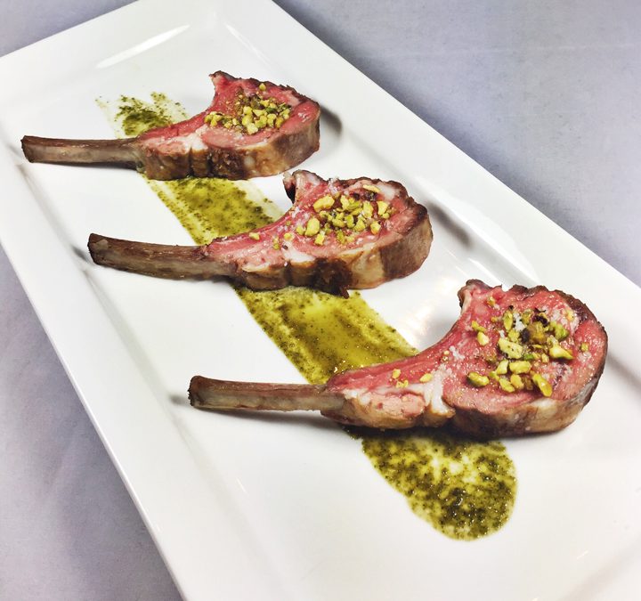 Lamb Rack With Mint Coulis and Toasted Pistachios
