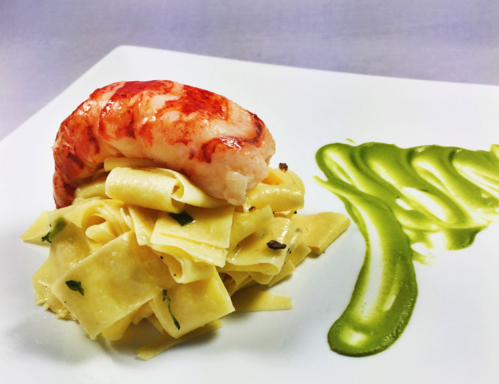 Butter-Poached Lobster Tails with Tarragon Truffle Pappardelle and Fresh Pea Puree