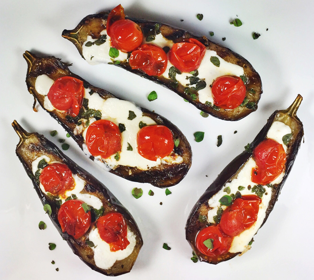 Grilled Baby Eggplant Halves With Fresh Mozzarella, Grilled Cherry Tomatoes, and Oregano