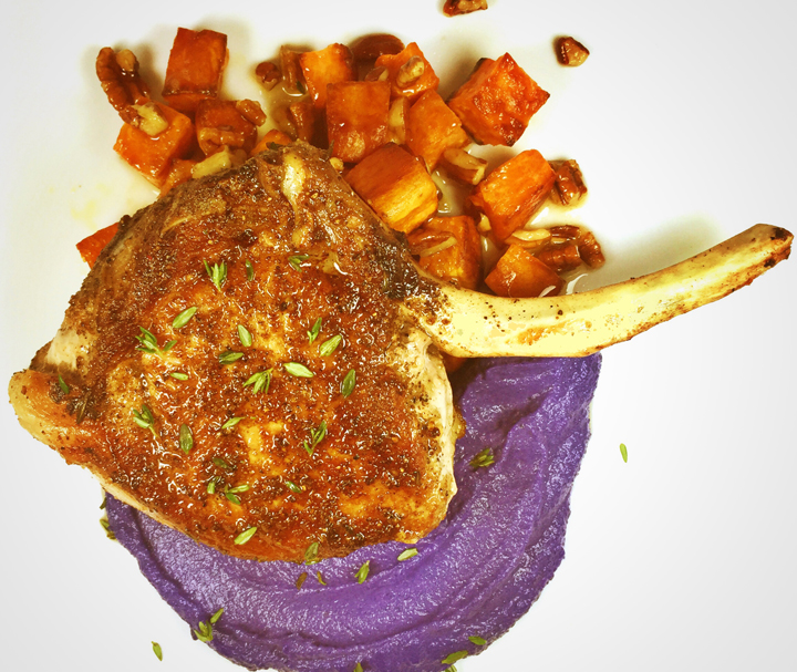 Pan Seared Pork Chops with Purple Cauliflower Mash and Oven Roasted Sweet Potatoes
