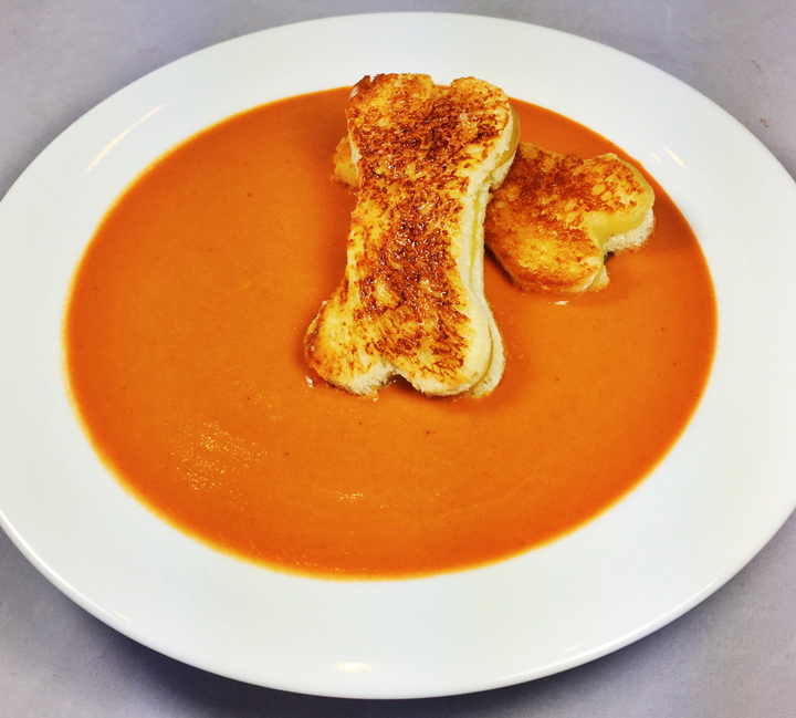 Creamy Tomato Soup with Mini Grilled Cheese “Bone” Sandwiches