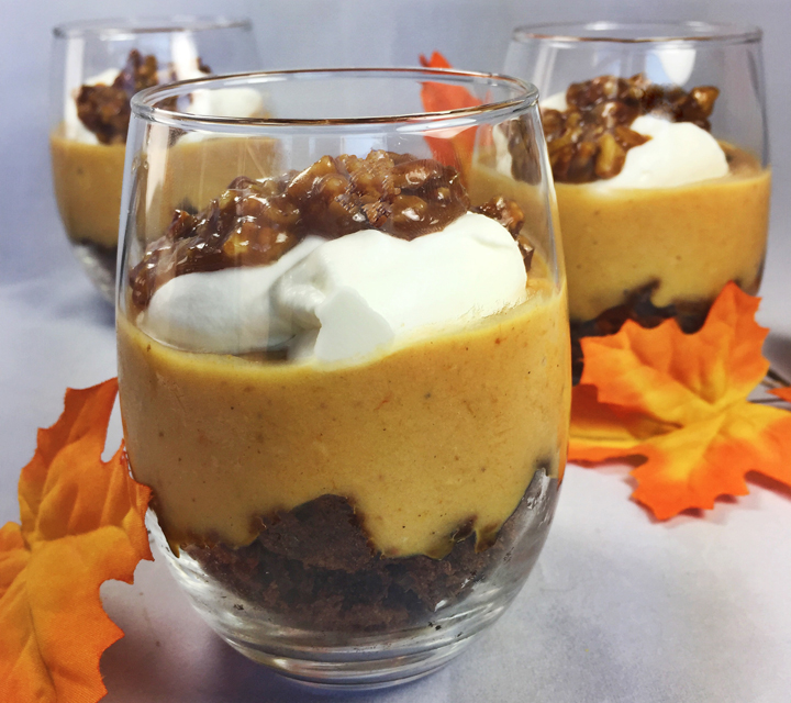 Layered Pumpkin Pudding with Brownies & Caramel Pecans