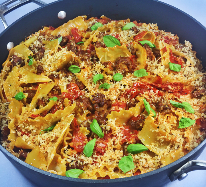 Broken Pasta With Italian Sausage, Cherry Tomato Sauce, and Lemon Crumb Topping