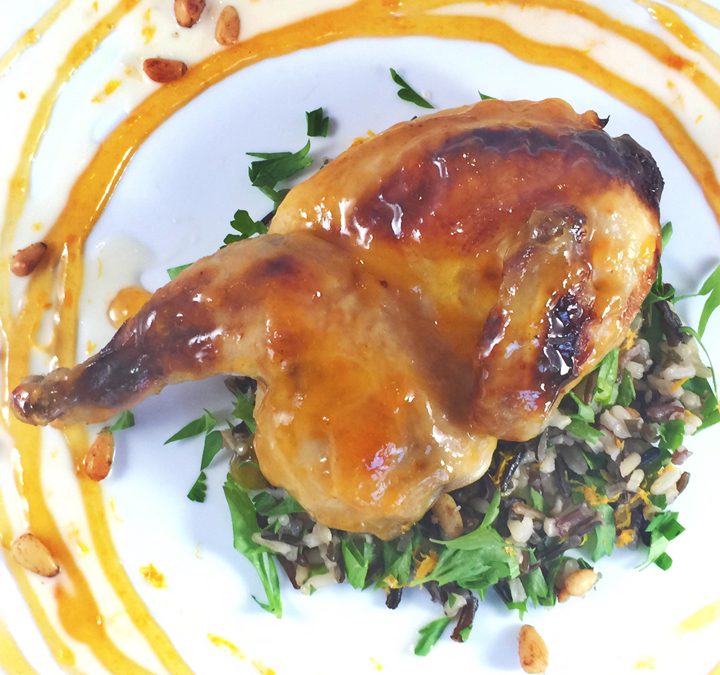 Cornish Game Hens with Apricot Glacé, Rosemary Wild Rice, Meyer Lemon Beurre  Blanc and Pine Nuts