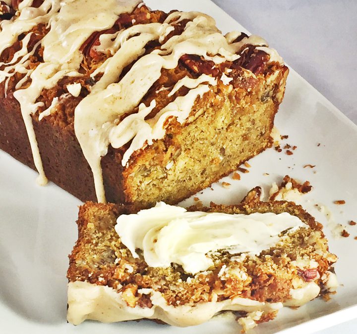 Toasted Coconut & Pecan Streusel Banana Bread With Brown Butter Icing