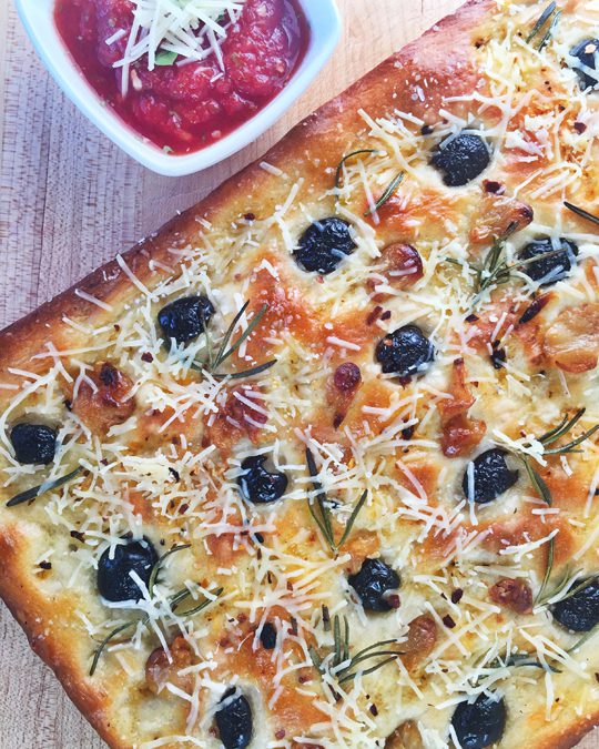 Black Olive, Roasted Garlic, and Rosemary Flatbread