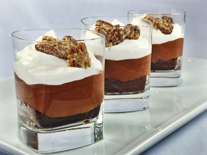 Bourbon Layered Brownie with Chocolate Mousse, Crème Fraîche Whipped Cream, & Candied Pecans