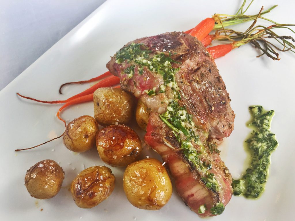 Grilled Lamb Steak With Parsley Sauce and Mint Glazed Vegetables