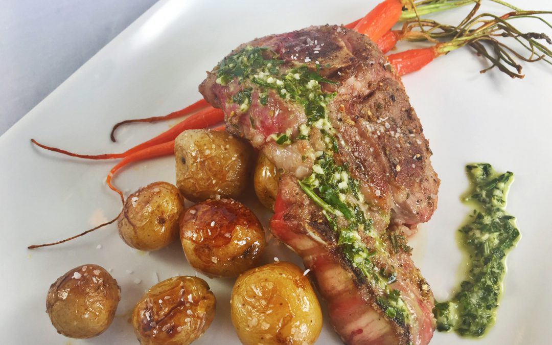 Grilled Lamb Steak With Parsley Sauce and Mint Glazed Vegetables