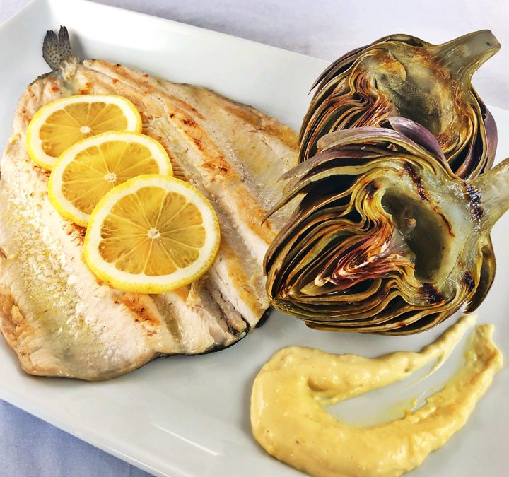 Grilled Trout & Artichokes With Easy Lemon Aioli