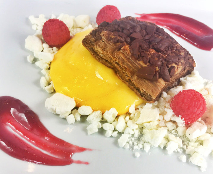 Lemon Curd With Meringue Crumbles Raspberry, & Chocolate Puff Pastry