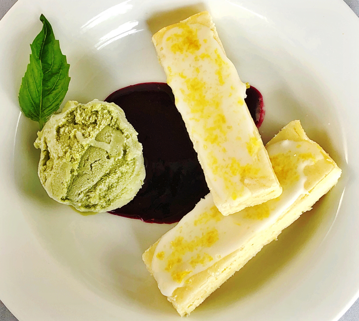 Basil Gelato With Iced Lemon Cookies And Blueberry Sauce