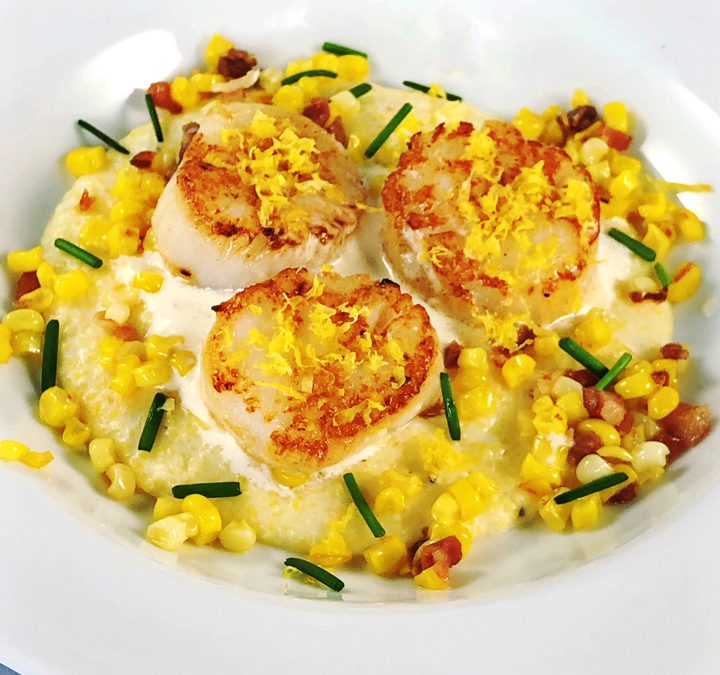 Scallops with Lemon Butter Cream Sauce & Cheese Grits with Fresh Corn and Prosciutto