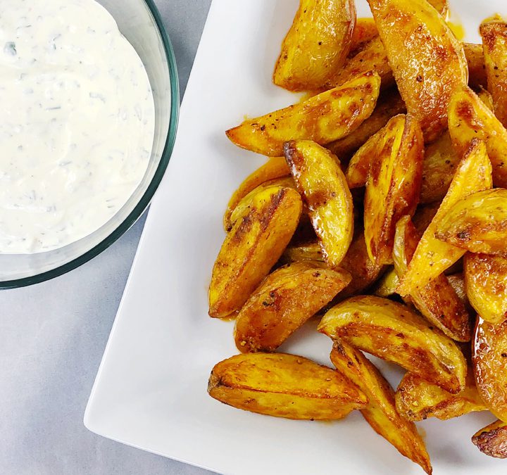 Buffalo Sauce Potatoes Wedges With Cilantro Ranch Dressing