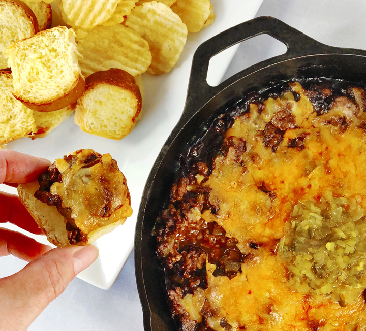 Spicy Sloppy Joe Dip with Cheddar and Pickles