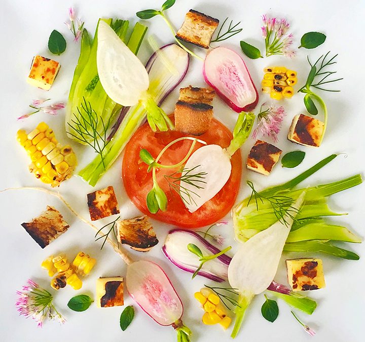 Grilled Bread Cheese, Croutons & Corn with Baby Vegetables Salad