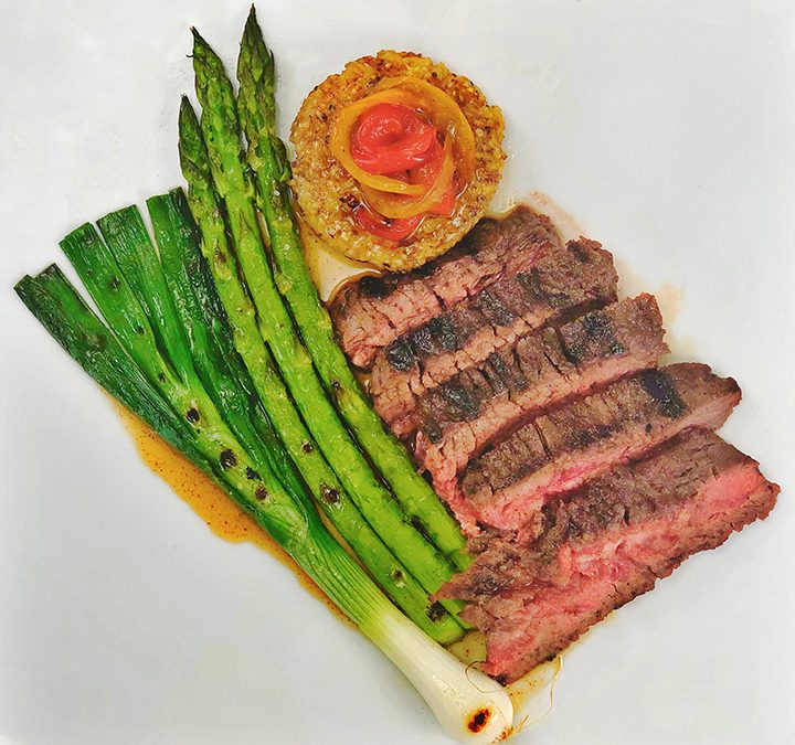 Ancho Maple Glazed Grilled Hanger Steak and Summer Vegetables with Corn Cakes