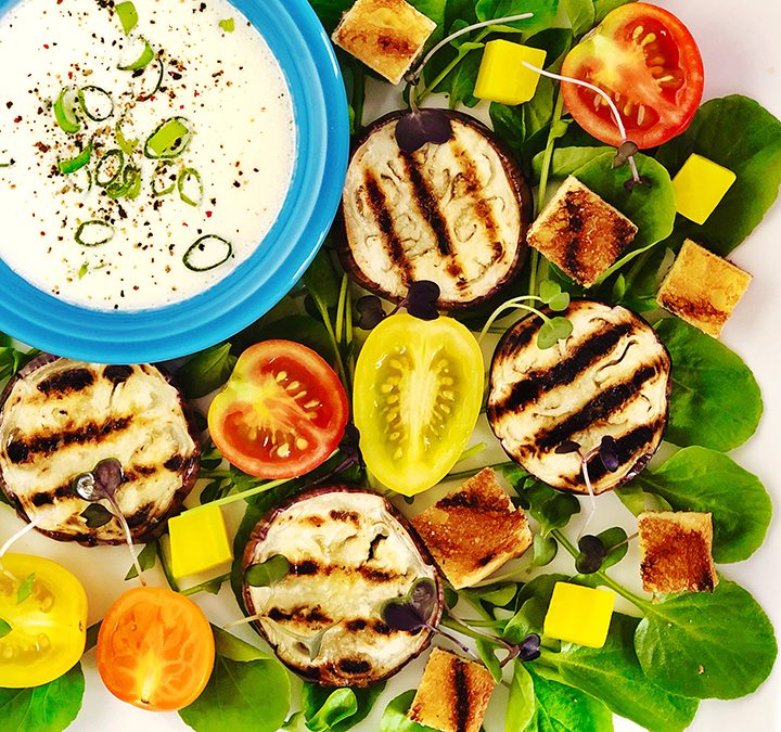 Grilled Eggplant with Croutons and Fresh Ranch Dressing