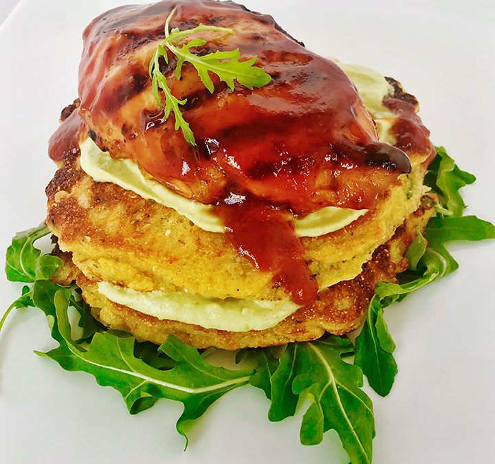 Grilled Buttermilk Chicken with Peach BBQ Sauce & Smoked Avocado Crema with Zucchini Corn Cakes