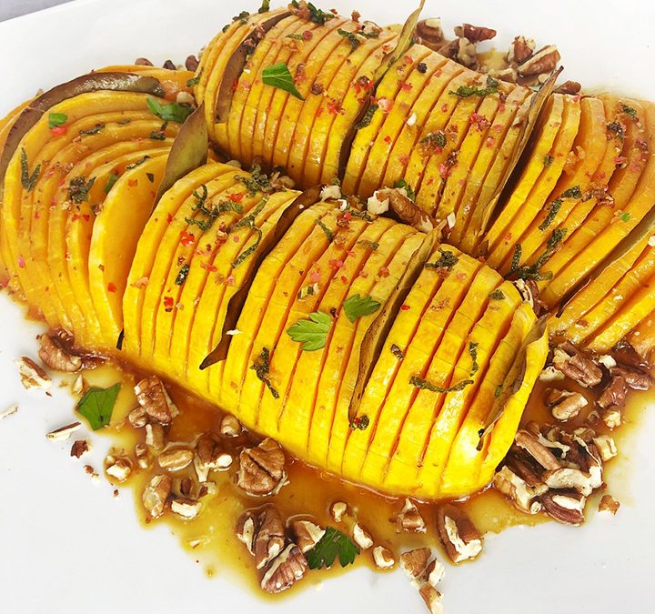 Hasselback Butternut Squash with Birch Syrup, Sage, & Pecans