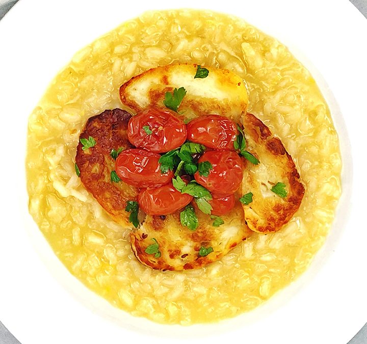 Lemon Risotto With Fried Halloumi Cheese & Cherry Tomatoes
