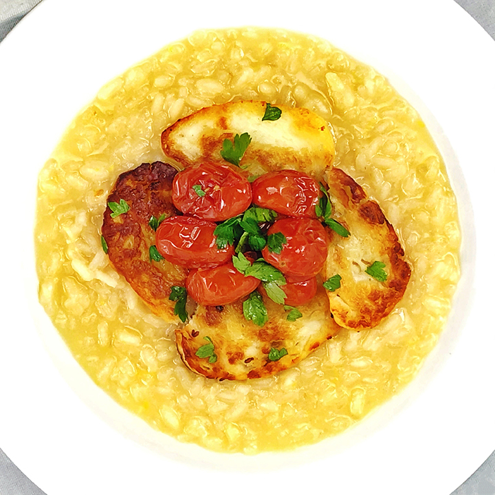 Lemon Risotto With Fried Halloumi Cheese & Cherry Tomatoes Fresh Chef