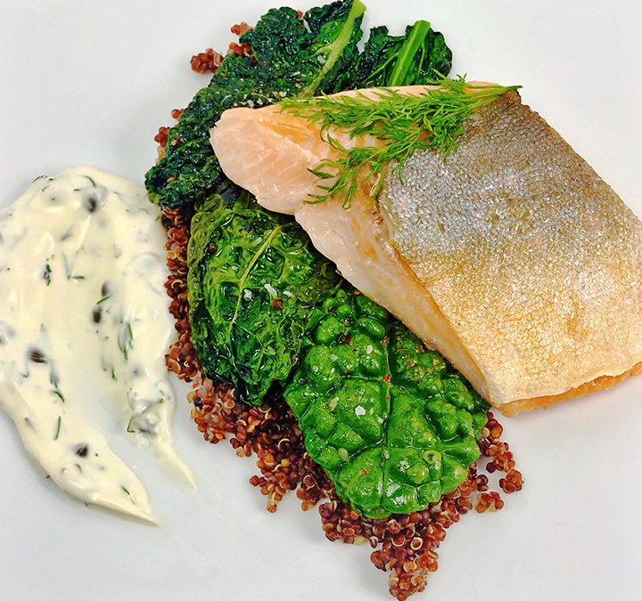 Sous Vide Arctic Char with Red Quinoa, Sesame Dragon Kale, and Lemon Caper Sauce