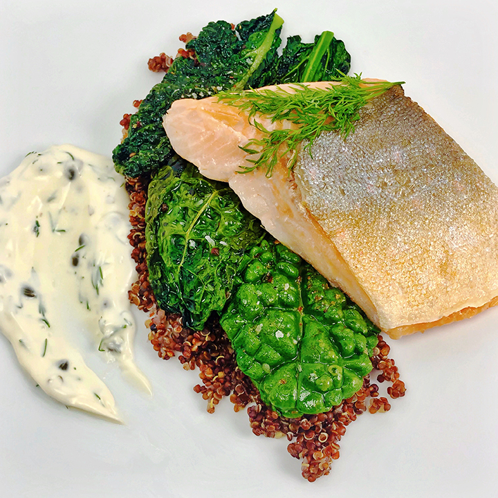 Sous Vide Arctic Char with Red Quinoa, Sesame Dragon Kale, and Lemon
