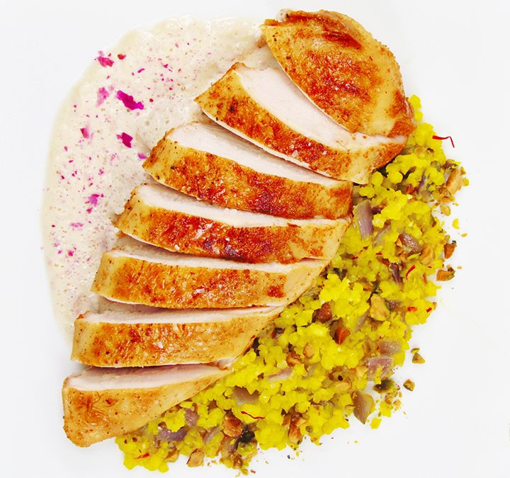 Rose Chicken with Pistachio Saffron Cauliflower Rice