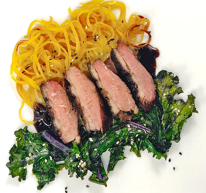 Asian Spiced Duck Breast with Sesame Kale and Spiralized Turnips