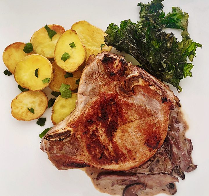 Sous Vide Pork Chops with Mushroom Cream Sauce & Oven Roasted Potatoes