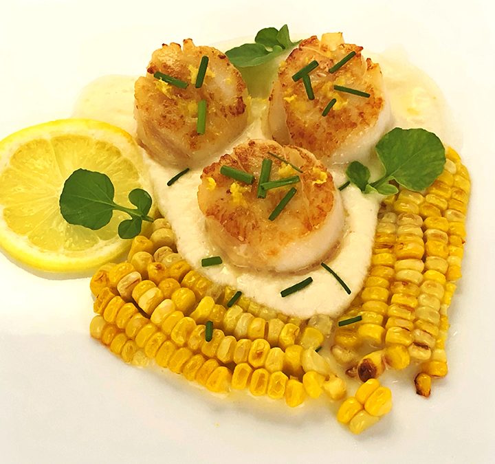 Seared Sea Scallops With Creamy Turnip Puree, Lemon Cream Sauce, Corn & Watercress