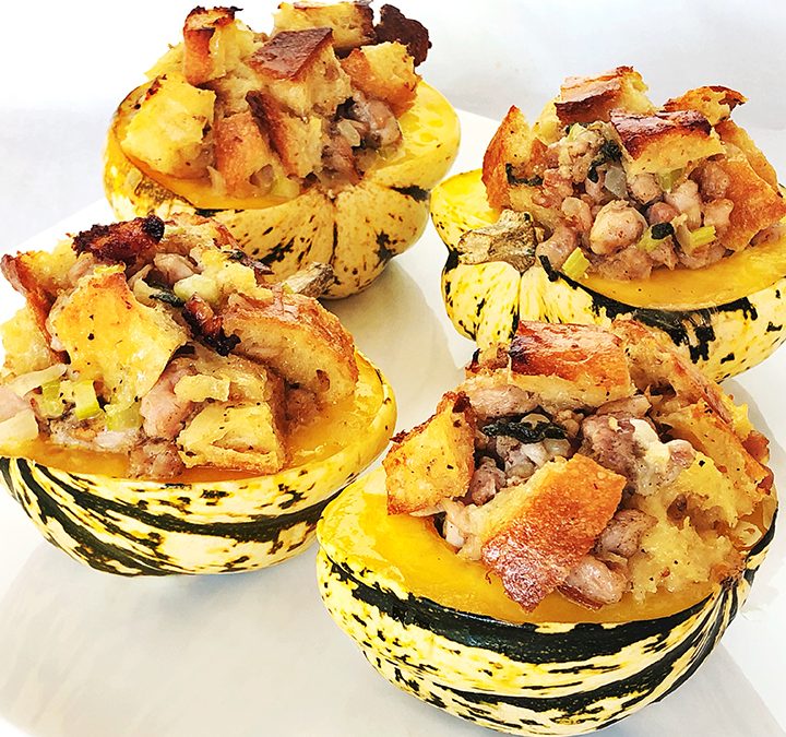 Stuffed Sweet Dumpling Squash with Sausage & Boiled Cider