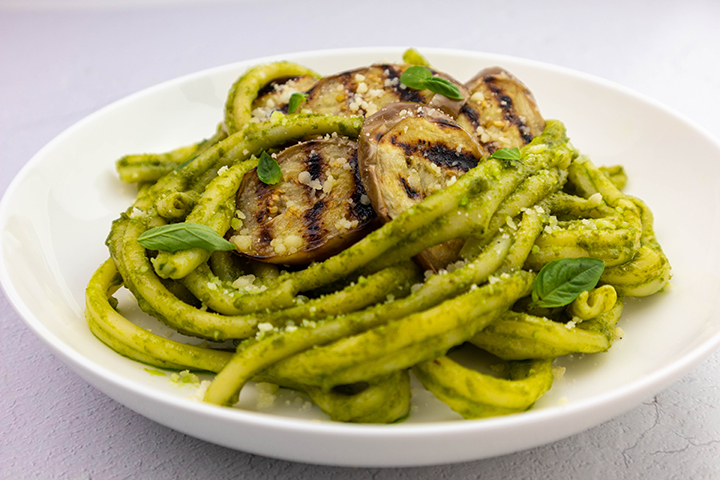 Grilled Eggplant with Basil Pesto and Pasta