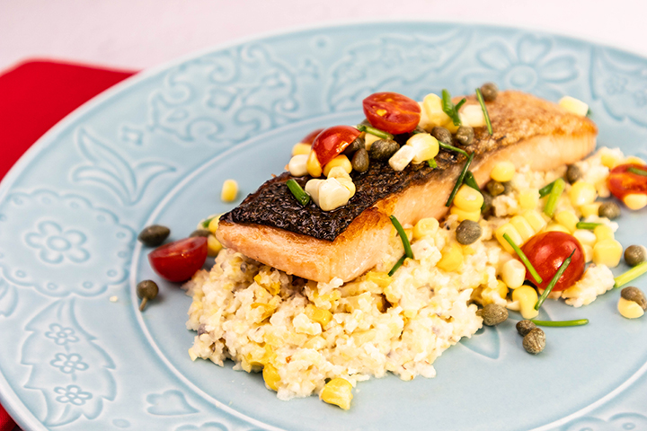 Sous Vide Salmon, Baked Corn & Cheese Grits with Caper Sauce